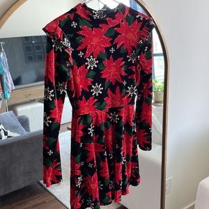 Christmas holiday party dress. Poinsettia pattern. Velvet feel. Size small.